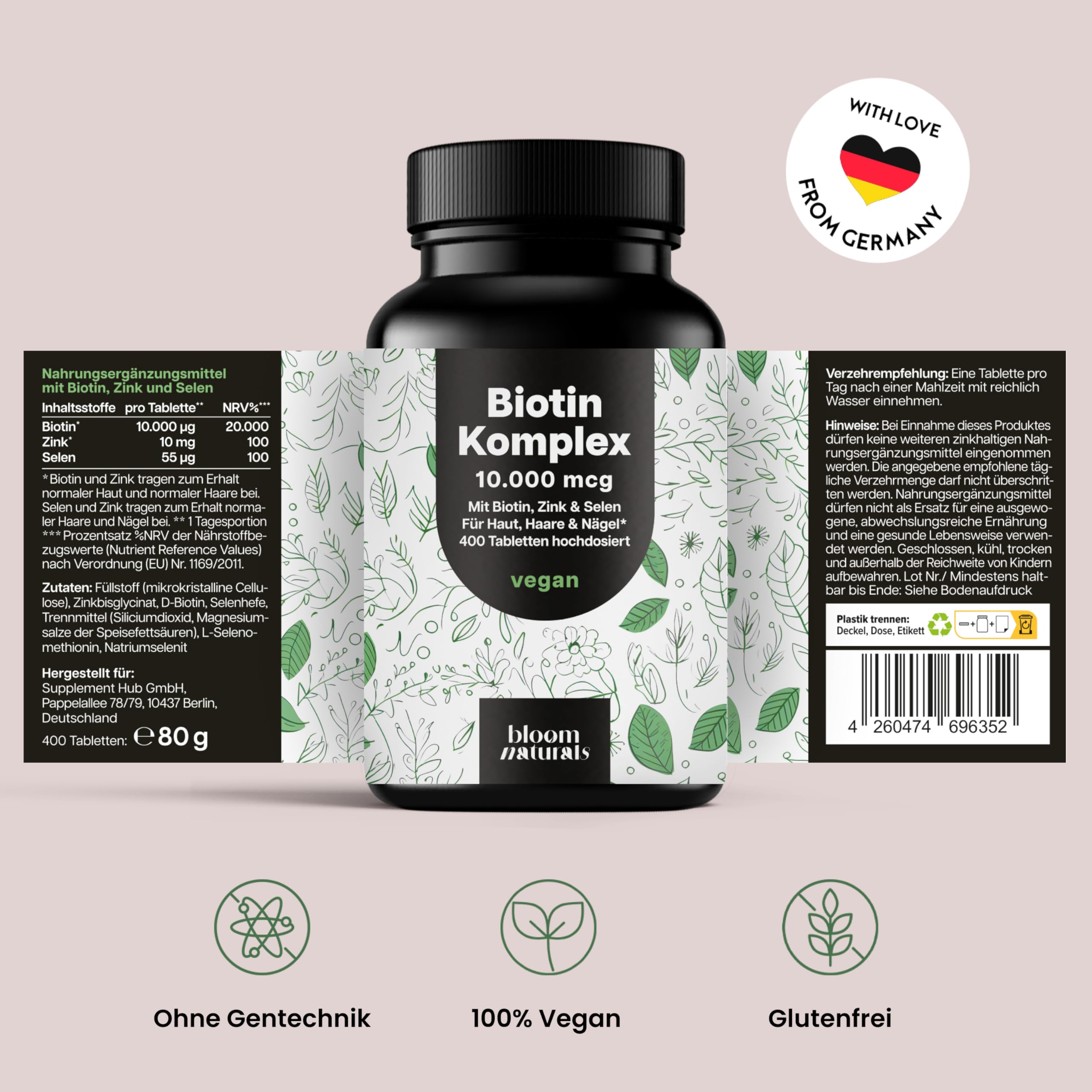 Biotin hochdosiert - 10.000 mcg - 400 Tabletten - Komplex mit Zink & Selen - Vegan & produziert in Deutschland - Verpackung kann variieren