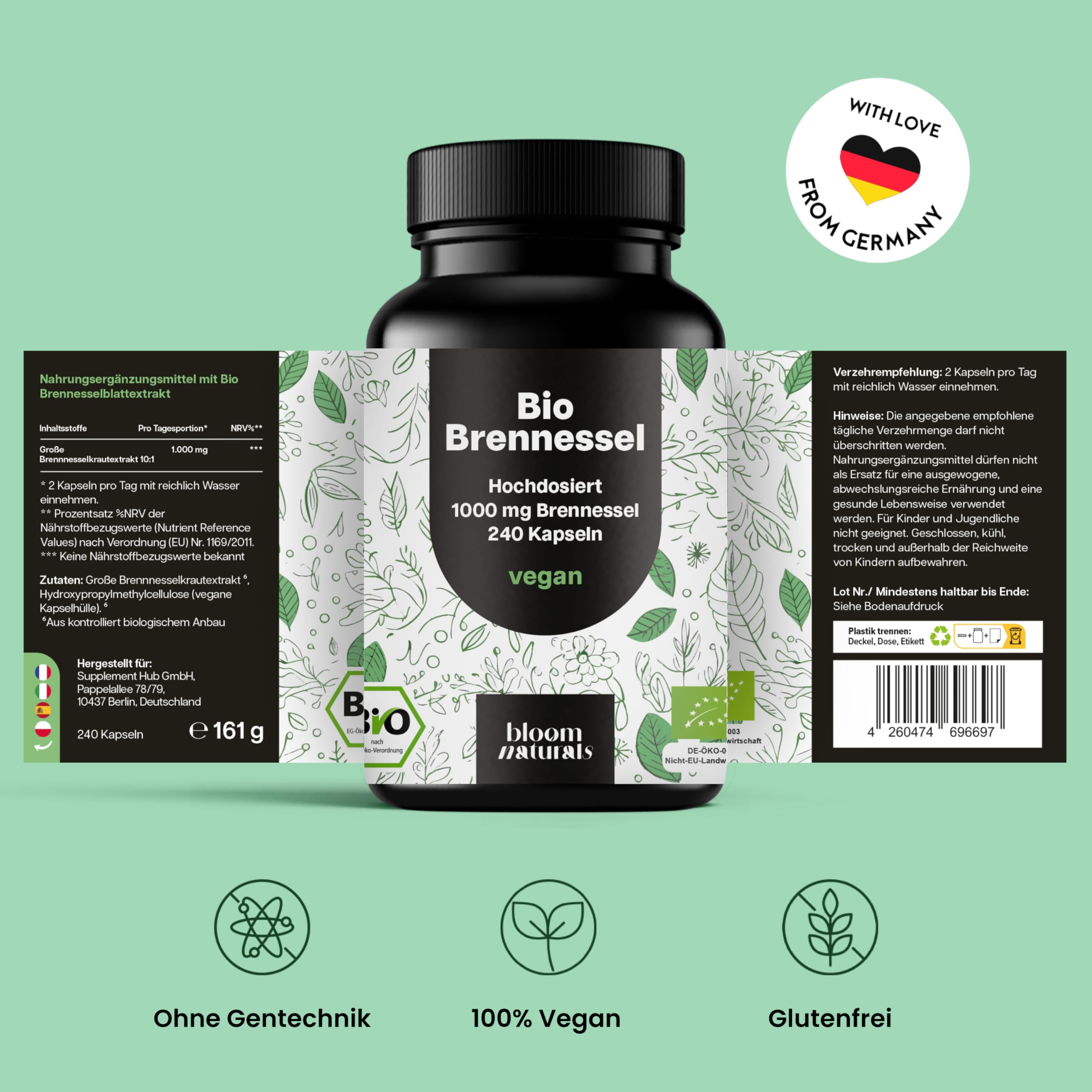 Bio Brennesselkapseln Hochdosiert – 240 vegane Kapseln – 1000 mg Brennnessel pro Bild 5