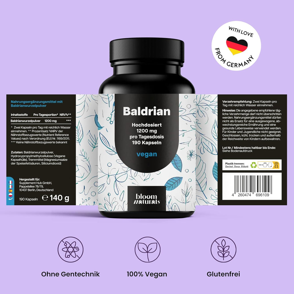 Baldrian Kapseln 600mg - Hochdosiert & Vegan, 190 Stück