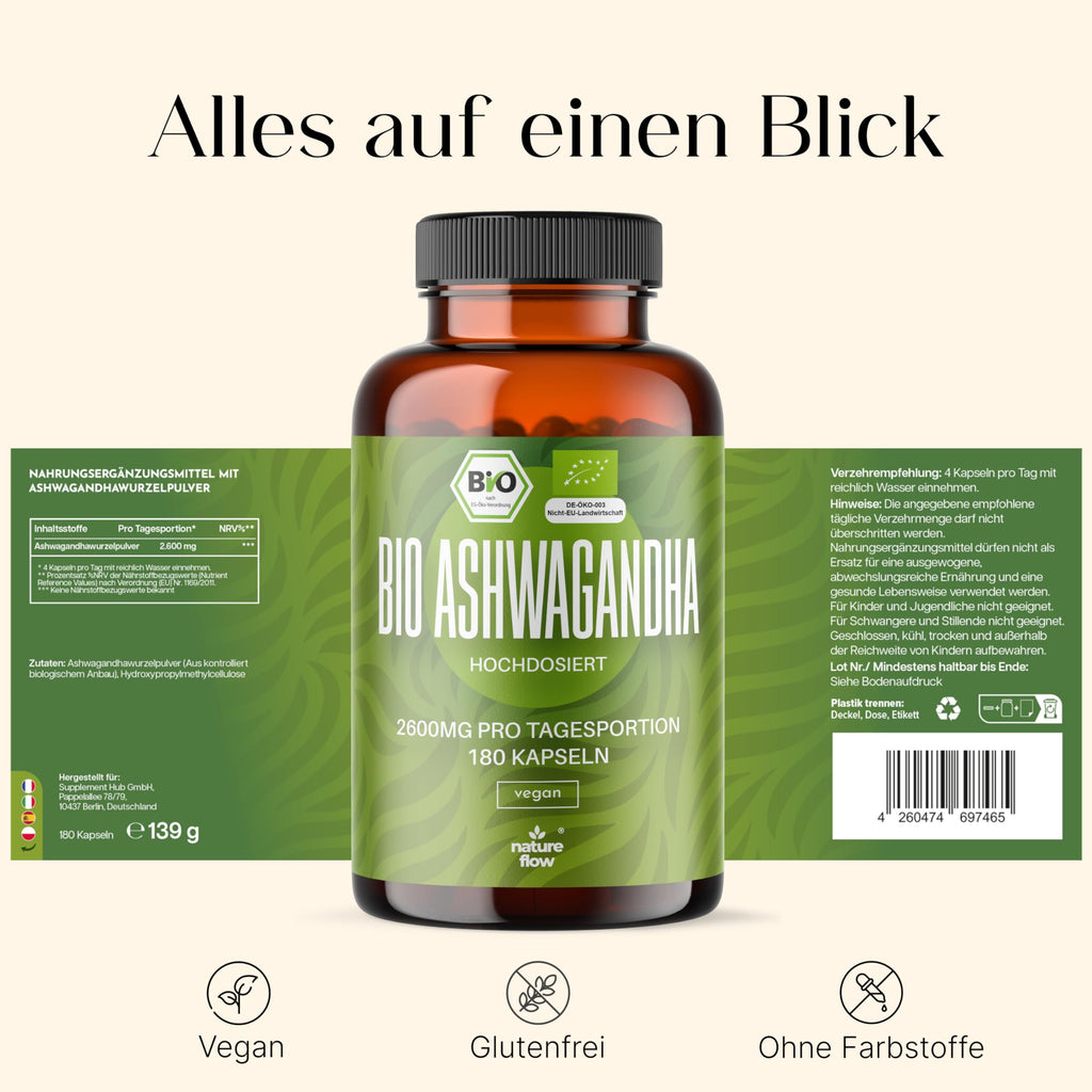 Bio Ashwagandha 180 Kapseln Optimal hochdosiert 2600mg pro Tagesportion Vegan Bild 3