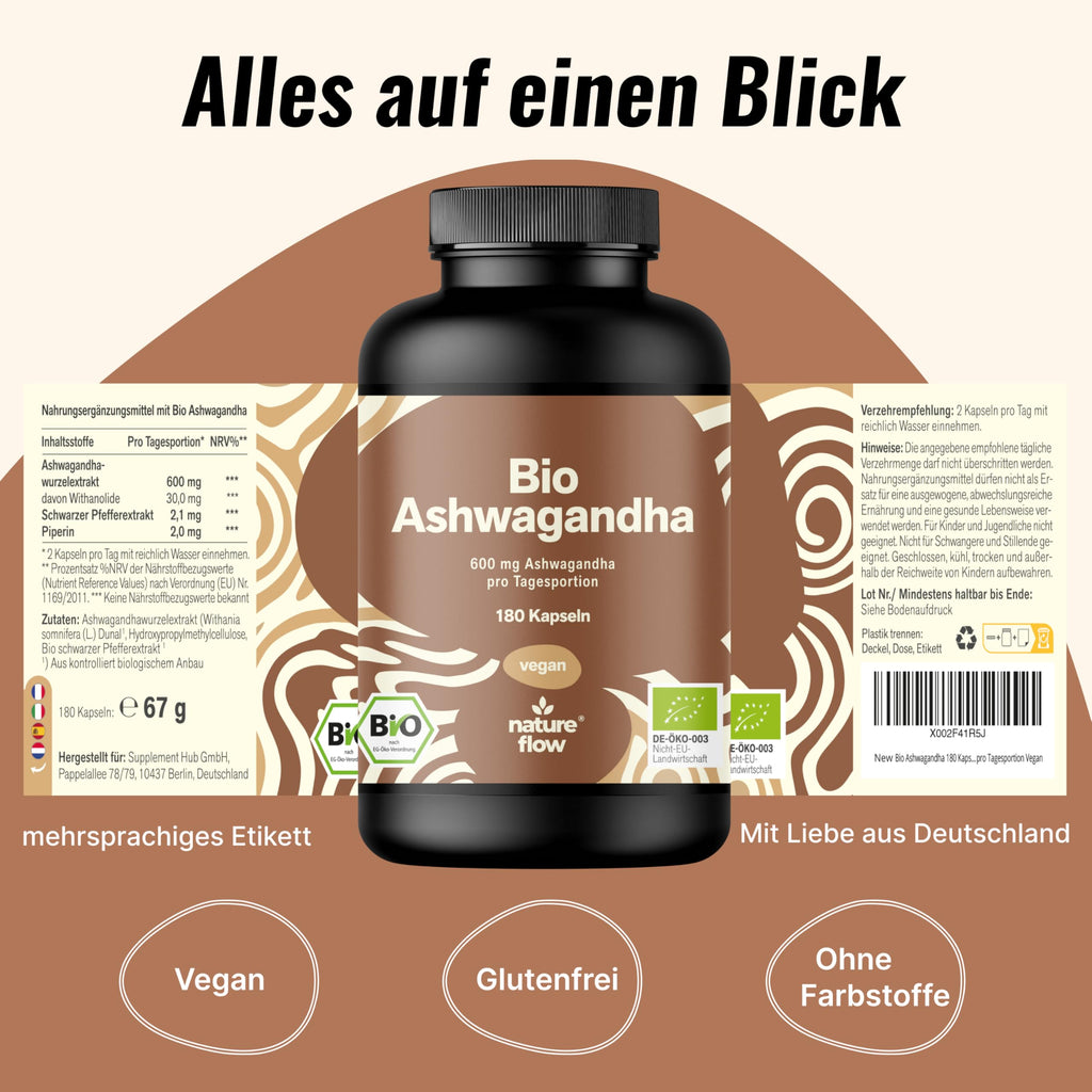 Bio Ashwagandha Kapseln hochdosiert - 180 Kapseln - 600 mg KSM-66®, vegan & prod Bild 5