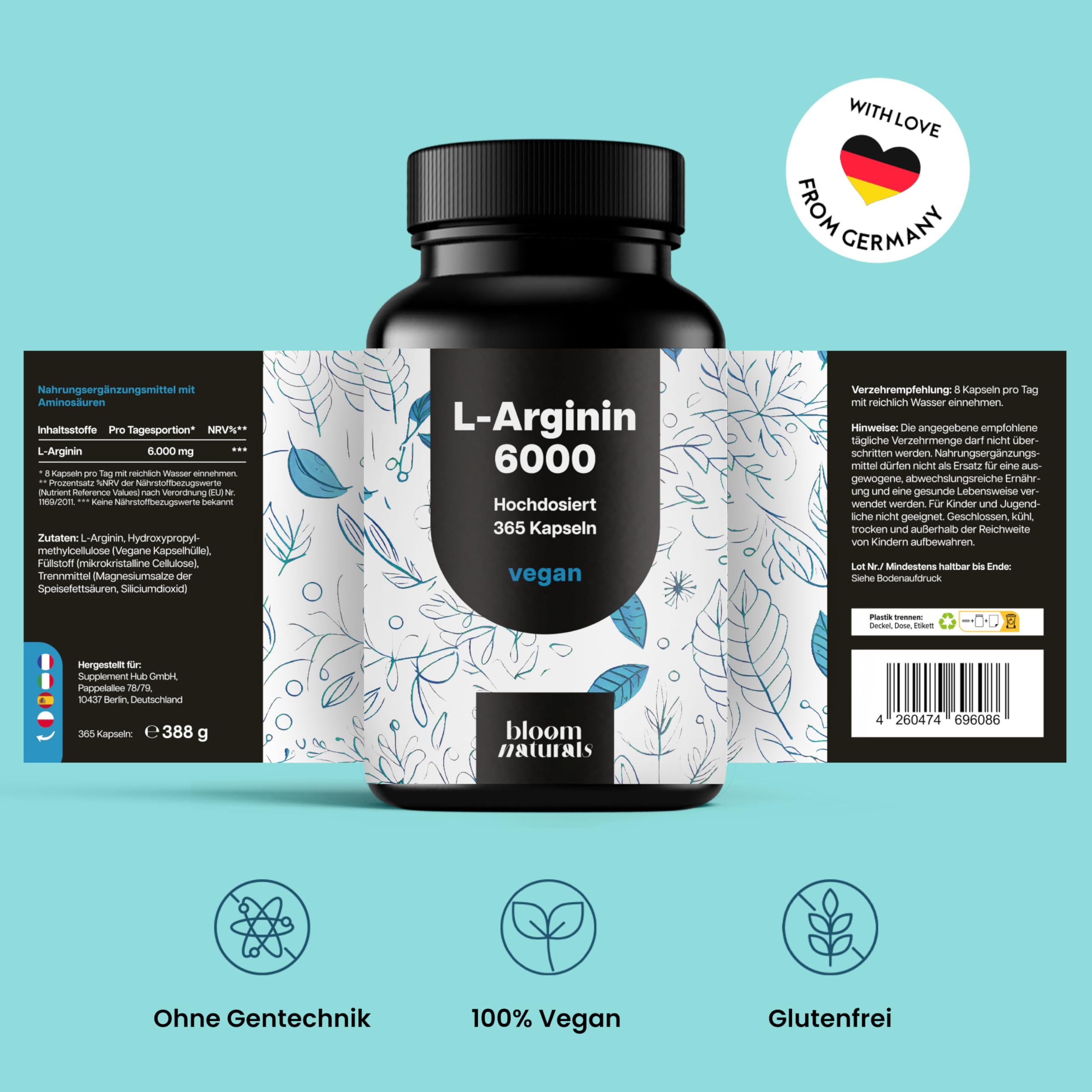 L Arginin Kapseln Hochdosiert - 365 Kapseln - 6000 mg pflanzliches L Arginin HCl Bild 6