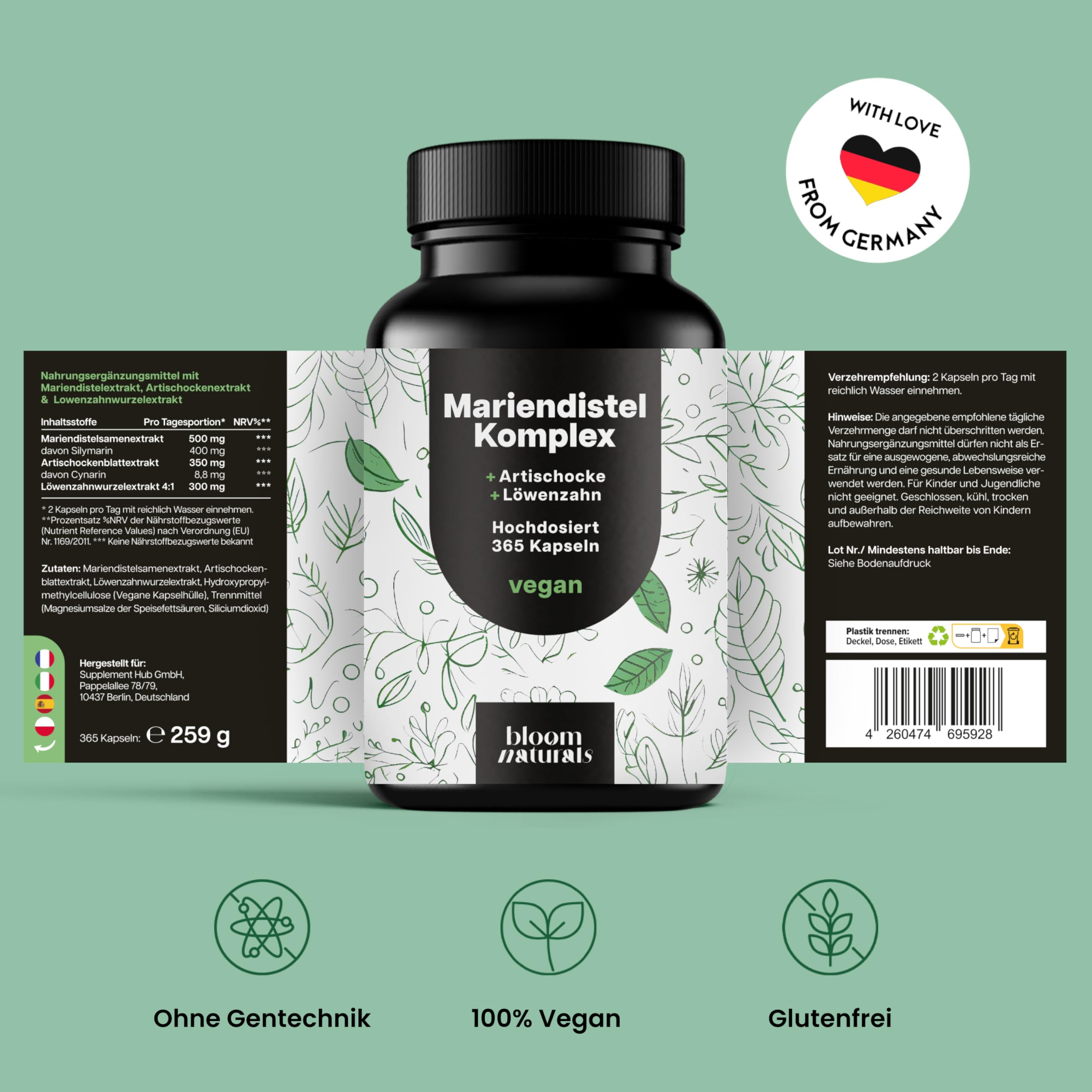 3-in-1 Leberkur: Mariendistel, Artischocke, Löwenzahn - 365 Kapseln