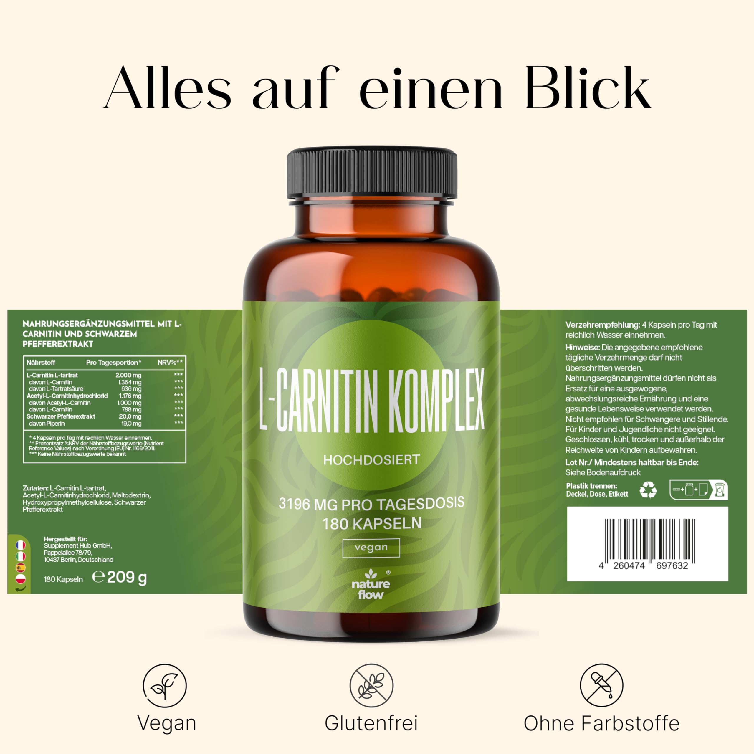 L-Carnitin Triple Komplex 3196mg MG pro Tagesdosis 180 Kapseln Hohe Bioverfügbar Bild 3