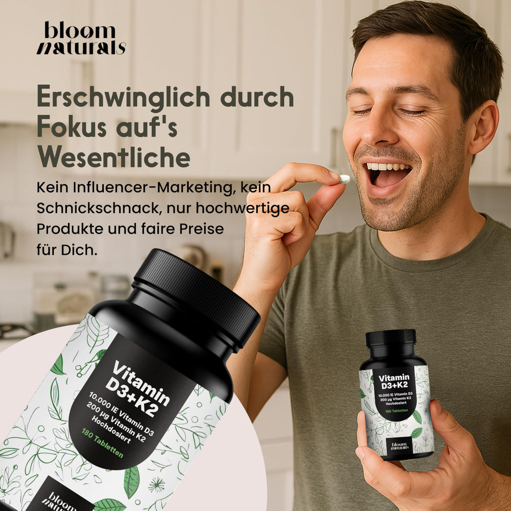 Hochdosiertes Vitamin D3 K2 - 180 Tabletten - 10000 IE