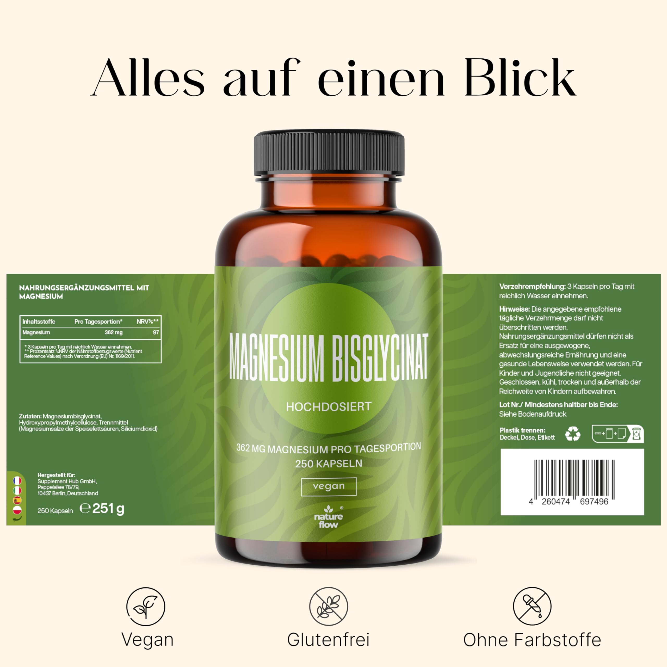 Magnesium Bisglycinat Hochdosiert - 250 Kapseln - 362 mg Magnesium Glycinat pro  Bild 3