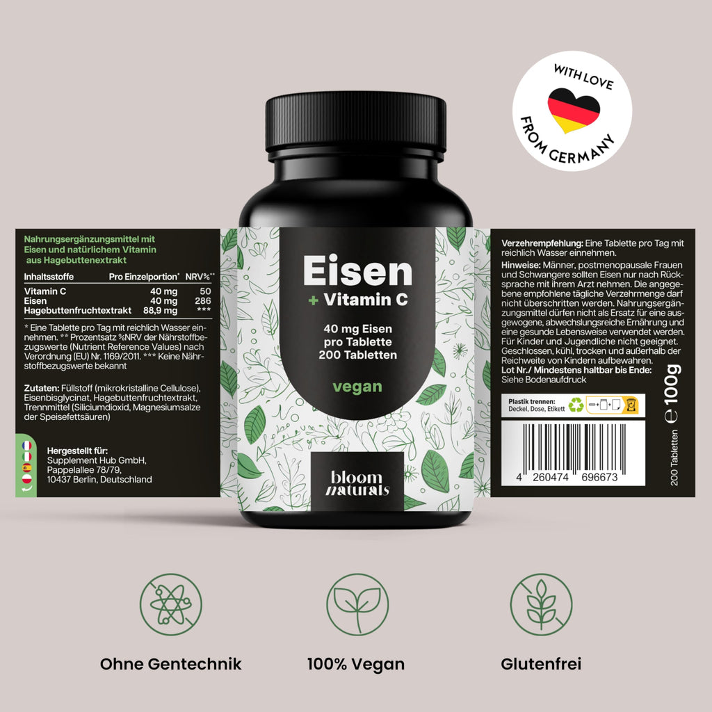 Eisen Vitamin C Tabletten hochdosiert - 200 Tabletten - Hohe Bioverfügbarkeit, 40 mg Eisen pro Tablette - Vegan & produziert in Deutschland - Verpackung kann variieren