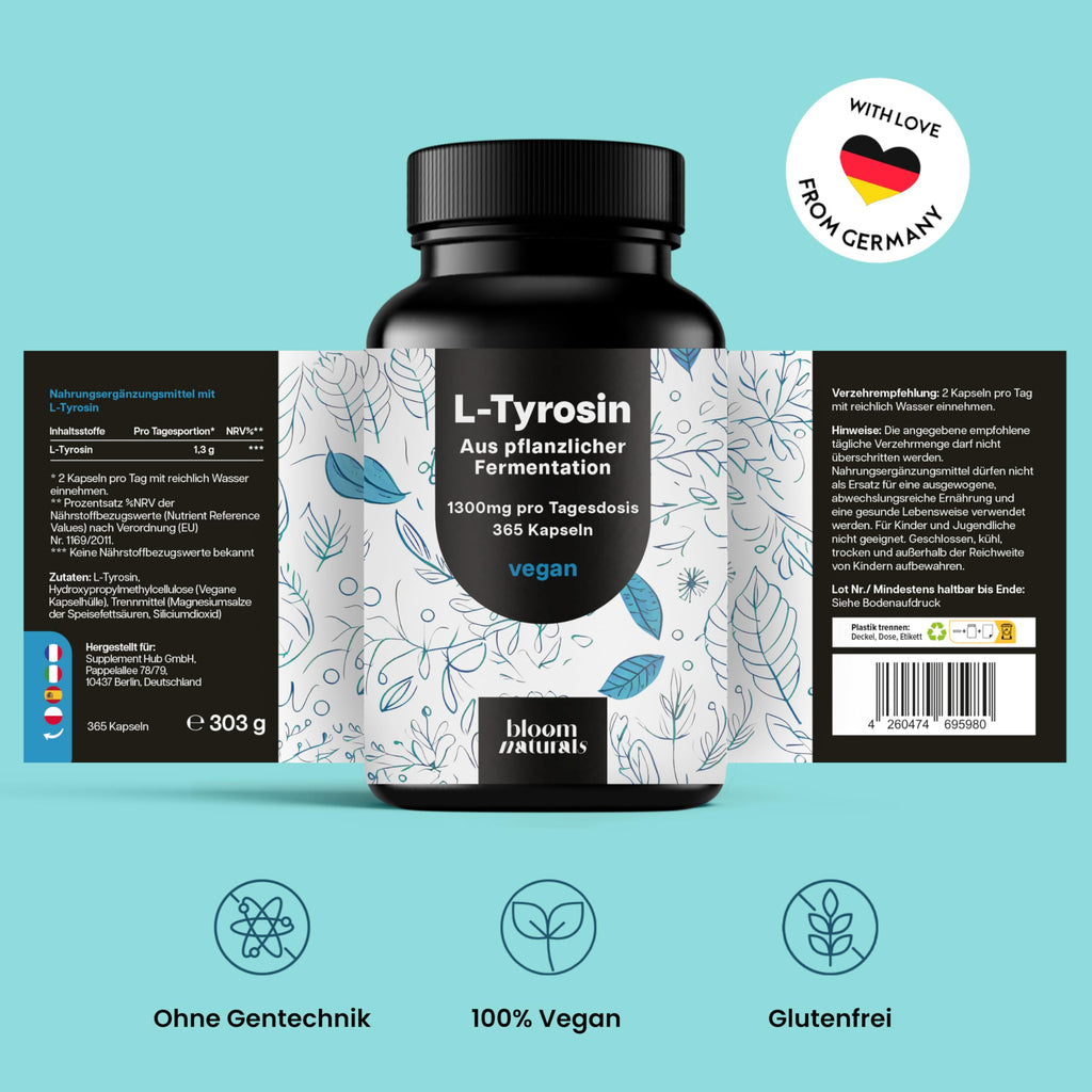 L-Tyrosin hochdosiert - 365 Kapseln - 1300 mg pro Tagesportion - vegan - aus pfl Bild 6