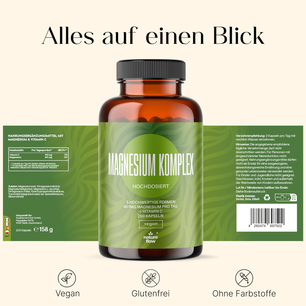 Magnesium Komplex hochdosiert - 200 Kapseln - 400 mg Magnesium pro Tag + Vitamin Bild 3