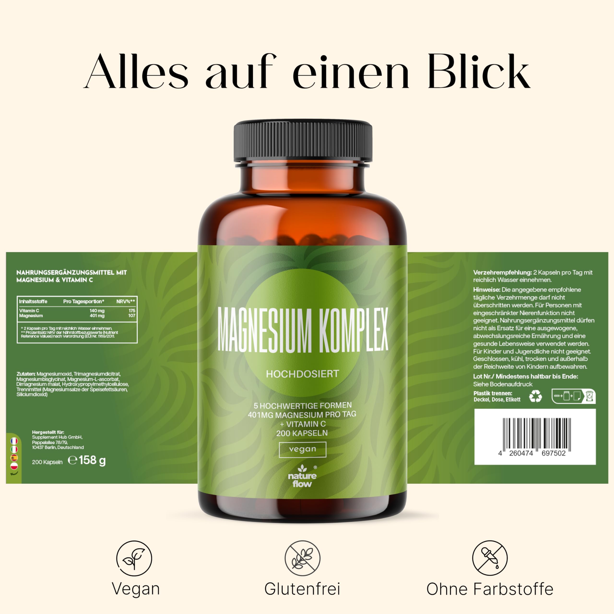 Magnesium Komplex hochdosiert - 200 Kapseln - 400 mg Magnesium pro Tag + Vitamin Bild 3