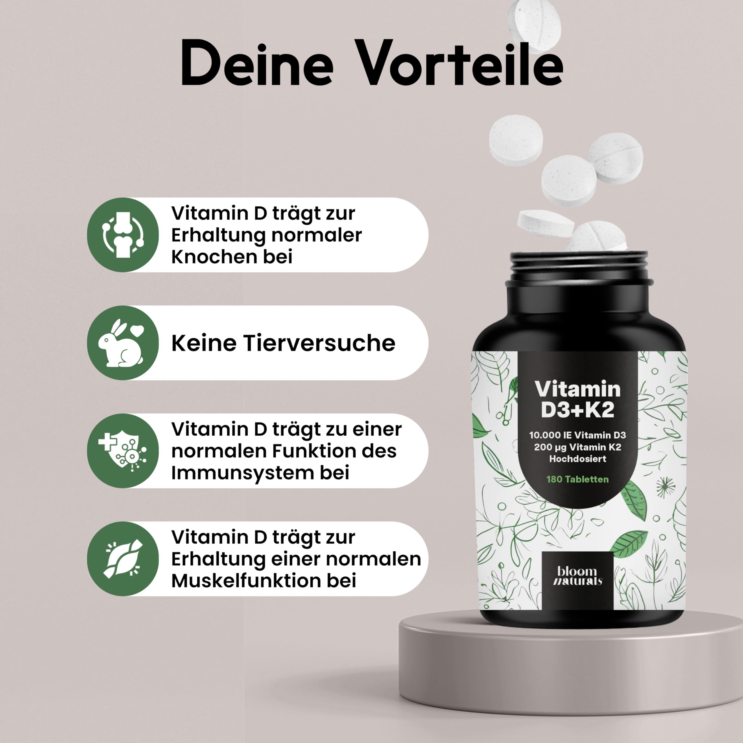 Hochdosiertes Vitamin D3 K2 - 180 Tabletten - 10000 IE