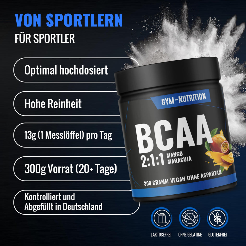BCAA Pulver Mango-Maracuja hochdosiert - 2:1:1 mit 13.000mg pro Portion - Essentielle Aminosäuren Leucin, Isoleucin, Valin - Leckerer Geschmack - Vegan & in Deutschland produziert