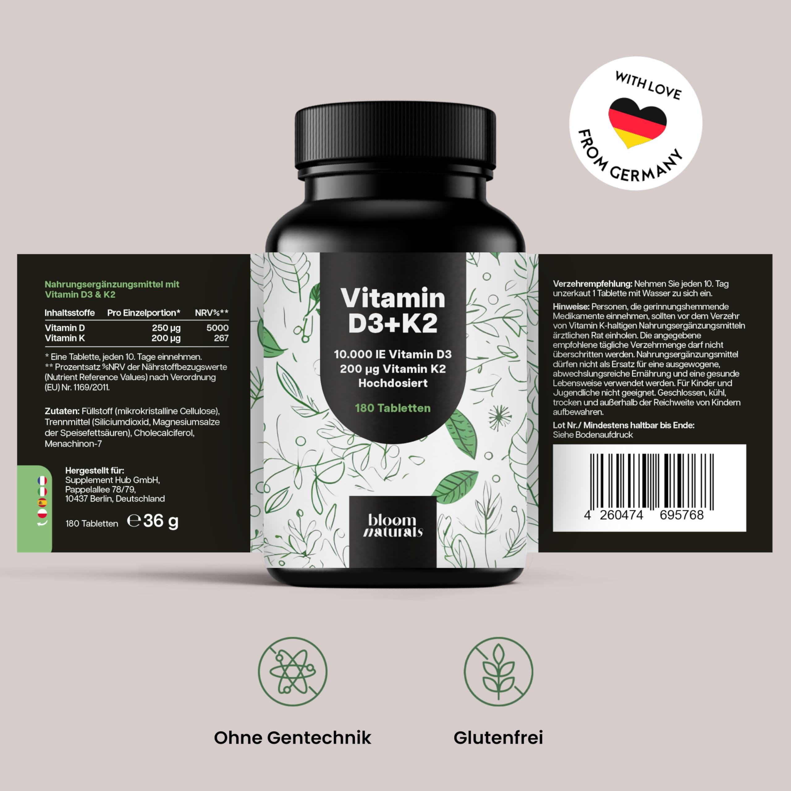 Hochdosiertes Vitamin D3 K2 - 180 Tabletten - 10000 IE