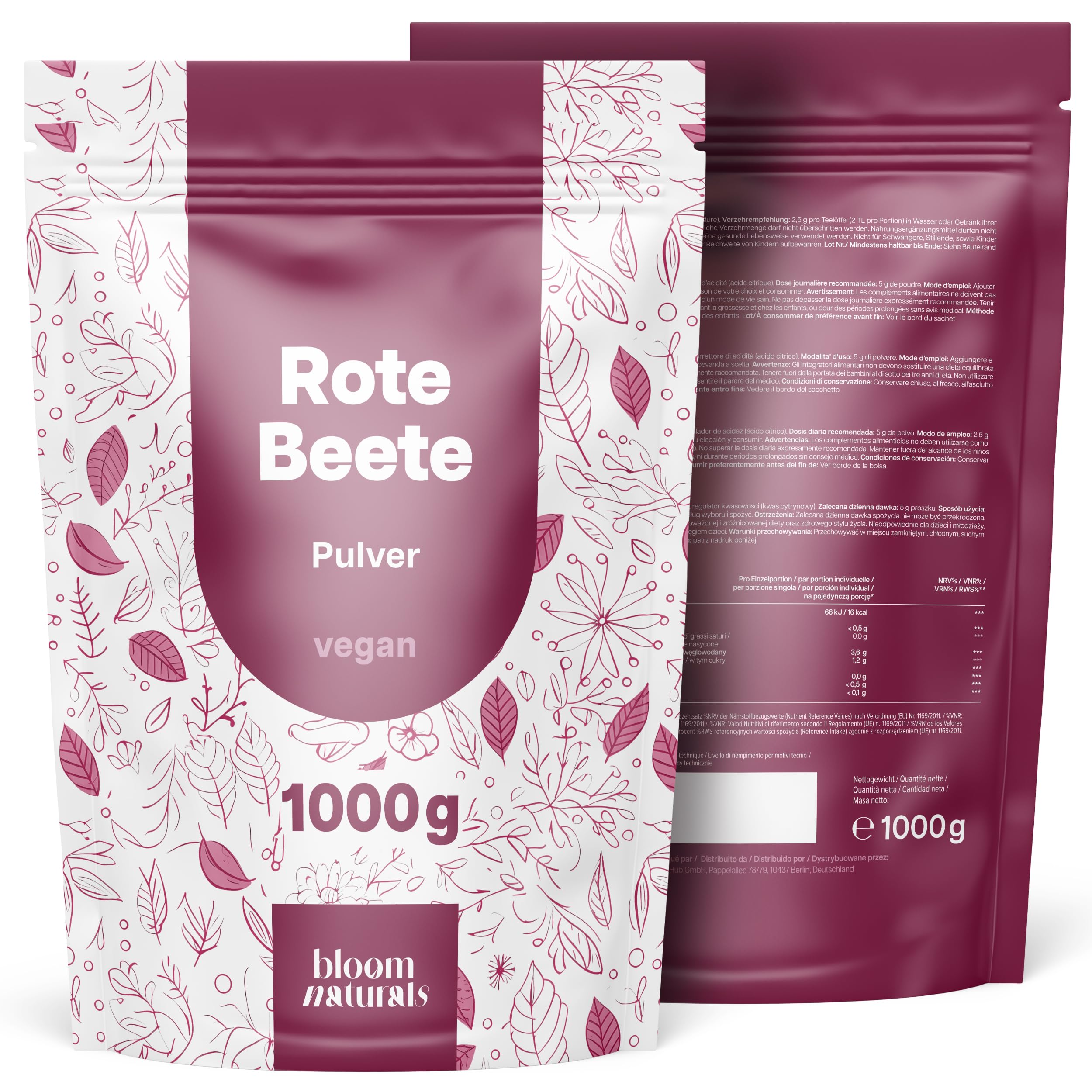 Rote Beete Pulver 1000g - Vegan & Laborgeprüft