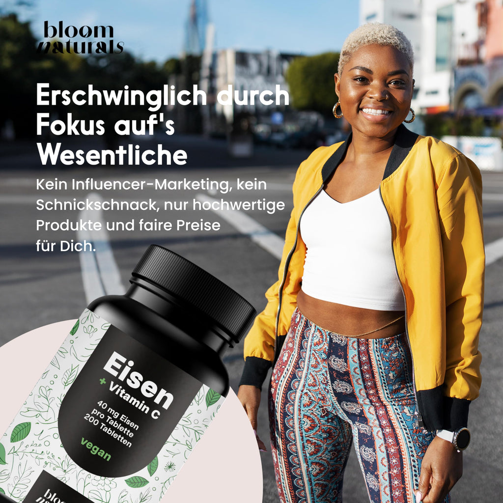 Eisen Vitamin C Tabletten hochdosiert - 200 Tabletten - Hohe Bioverfügbarkeit, 40 mg Eisen pro Tablette - Vegan & produziert in Deutschland - Verpackung kann variieren