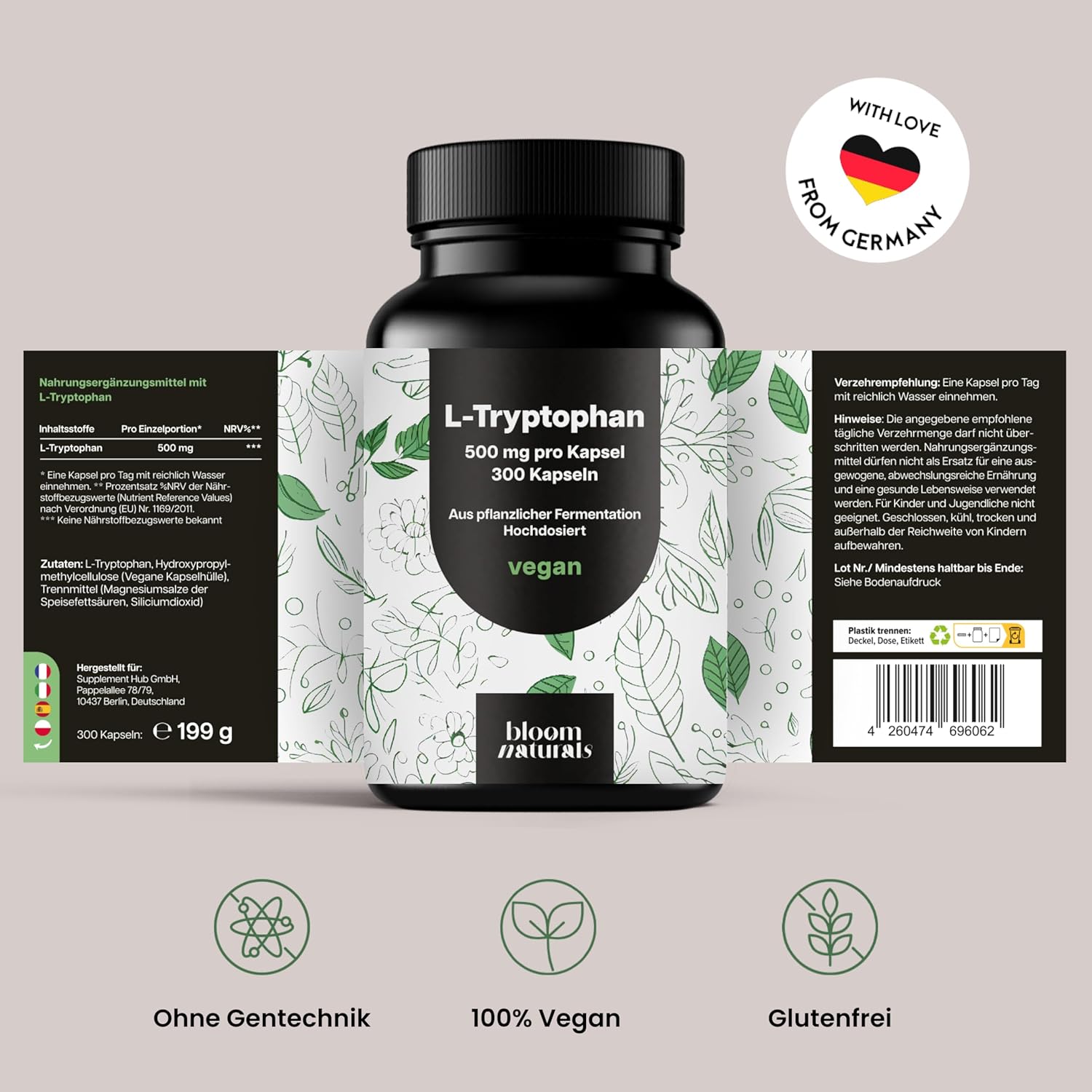 L-Tryptophan hochdosiert – 300 Kapseln – 500mg pro Kapsel aus pflanzlicher Fermentation – vegan & produziert in Deutschland - Verpackung kann variieren - Laborgeprüft