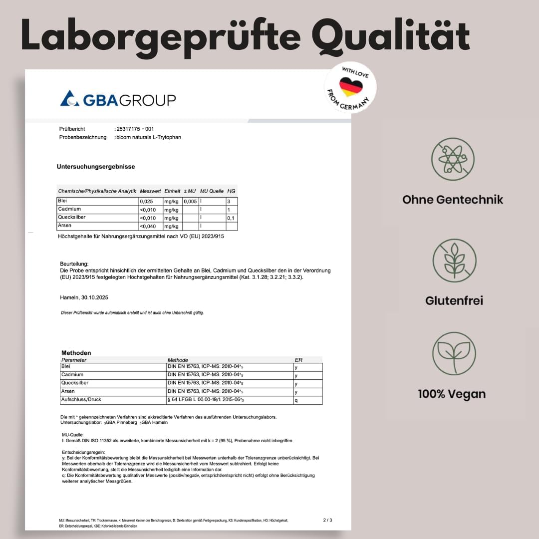 L-Tryptophan hochdosiert – 300 Kapseln – 500mg pro Kapsel aus pflanzlicher Fermentation – vegan & produziert in Deutschland - Verpackung kann variieren - Laborgeprüft